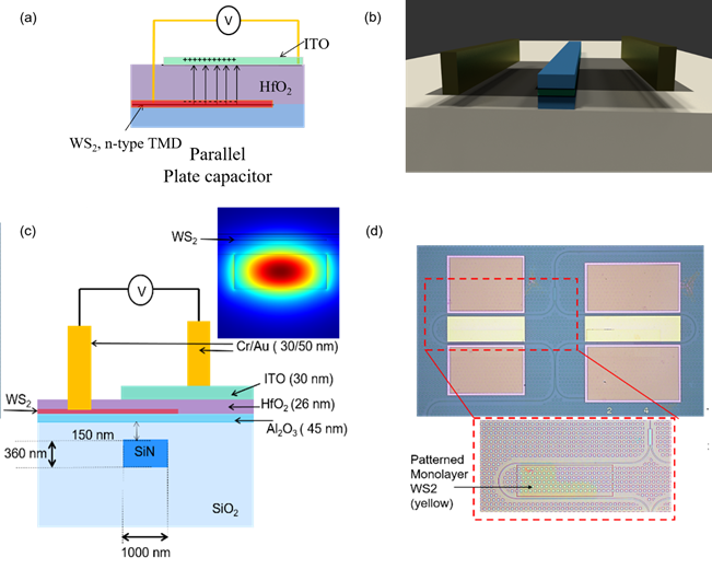 Fig. 1: (a) WS2 (TMD) – HfO2- ITO parallel plate capacitor configuration designed to introduce charge carriers in the monolayer TMD material. (b) Schematic of a phase shifter design where the capacitor is placed in the middle of the waveguide with maximum mode overlap. (c) Device cross section showing WS2-HfO2-ITO capacitor on a Si3N4 waveguide. The inset indicates the position of WS2 in the mode-profile of the waveguide configuration. (d) Optical micrograph of the fabricated device. Dashed inset shows the location of the patterned WS2 on the left arm of the MZI (yellow). Platform